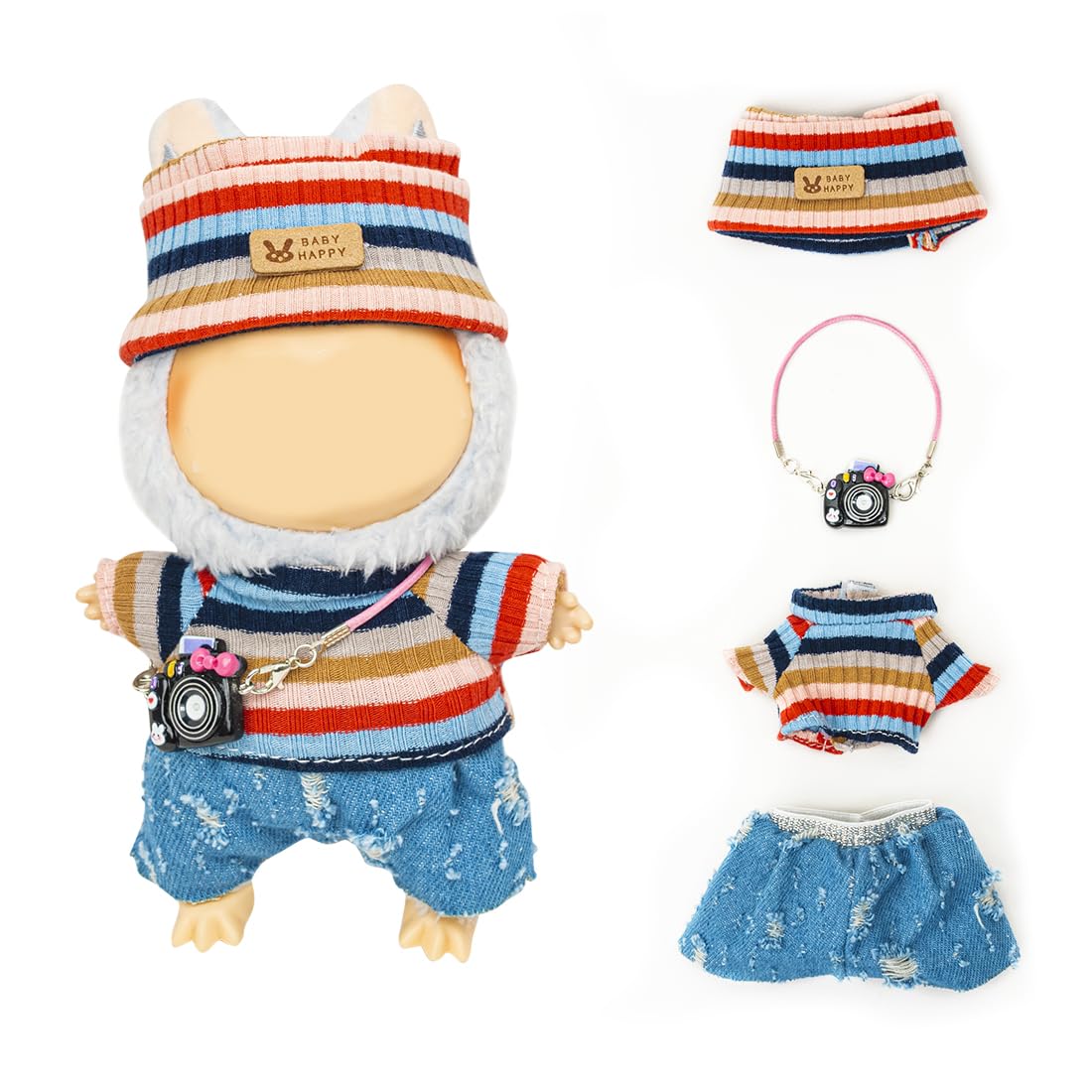 KIYEREE Lububu 17cm doll outfit with blue pants for stylish dress-up play.
