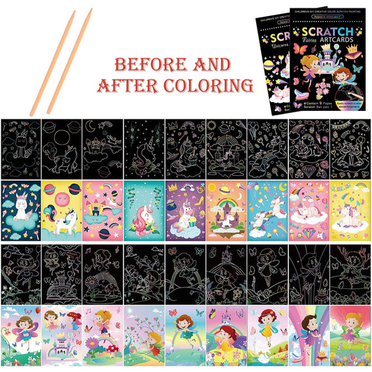 Kizcmvre Unicorn Princess scratch pages open to reveal rainbow patterns for DIY art.