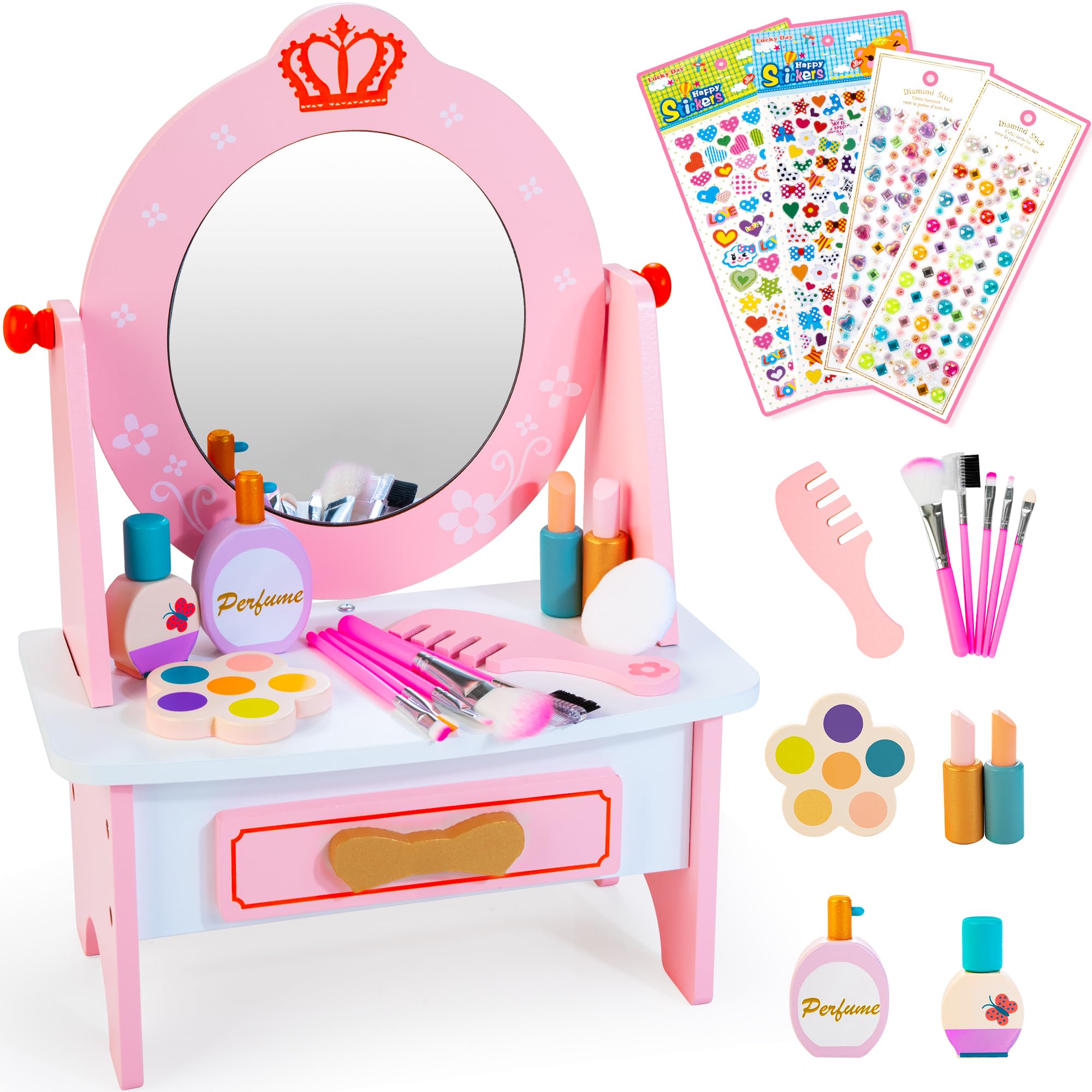 Kizfarm vanity set with acrylic mirror encourages imaginative pretend play.