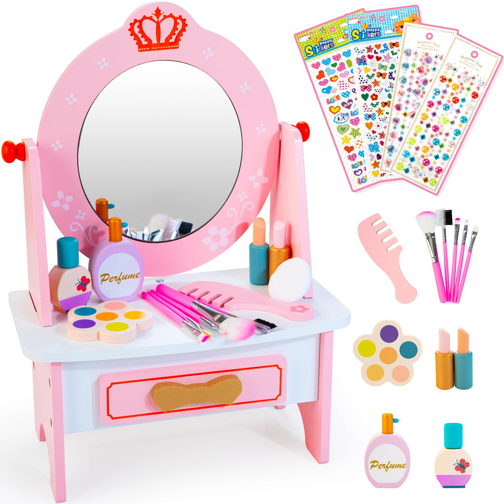 Kizfarm vanity set with acrylic mirror encourages imaginative pretend play.
