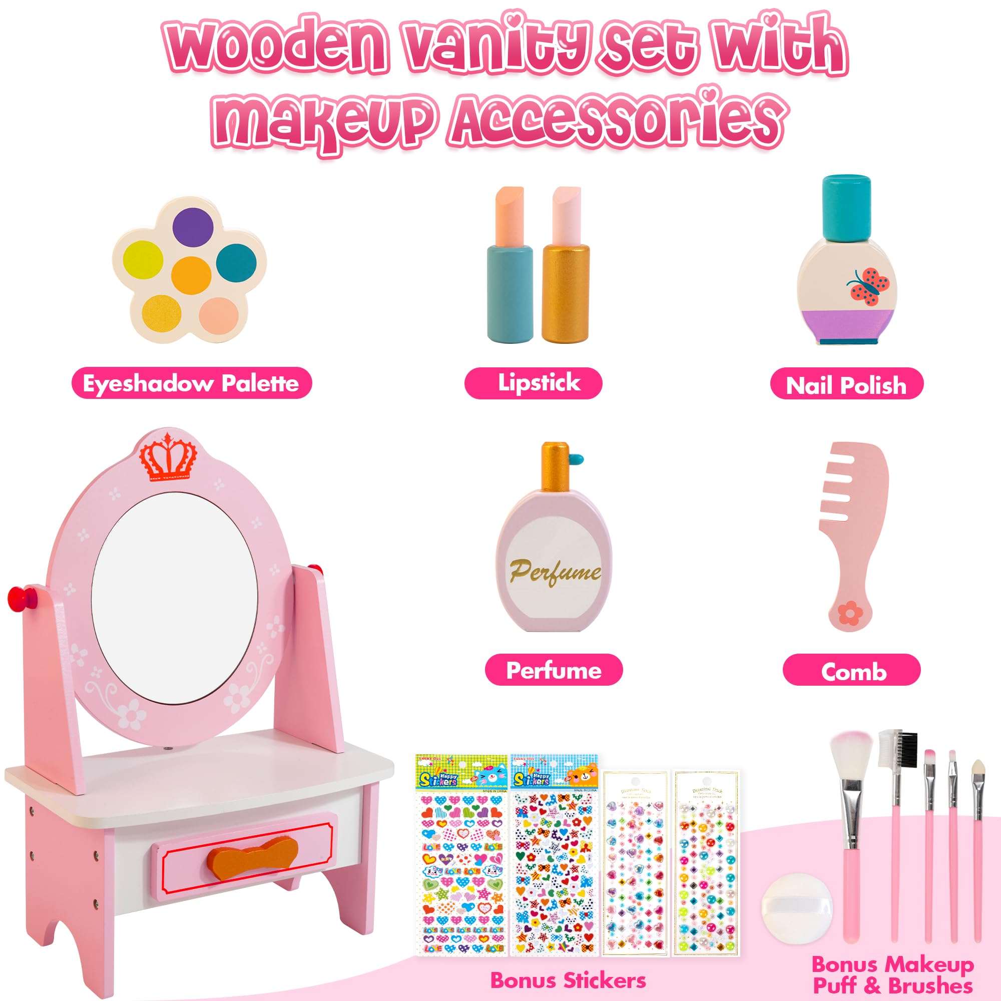 Kizfarm vanity set features a storage drawer for organizing accessories.