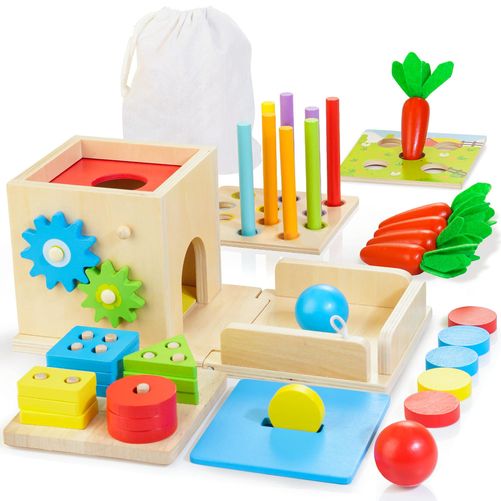 Kizfarm wooden Montessori 8-in-1 cube for hands-on exploration and motor skills.