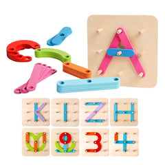 Kizh wooden letter-number construction set on pegboard for imaginative play and early literacy.