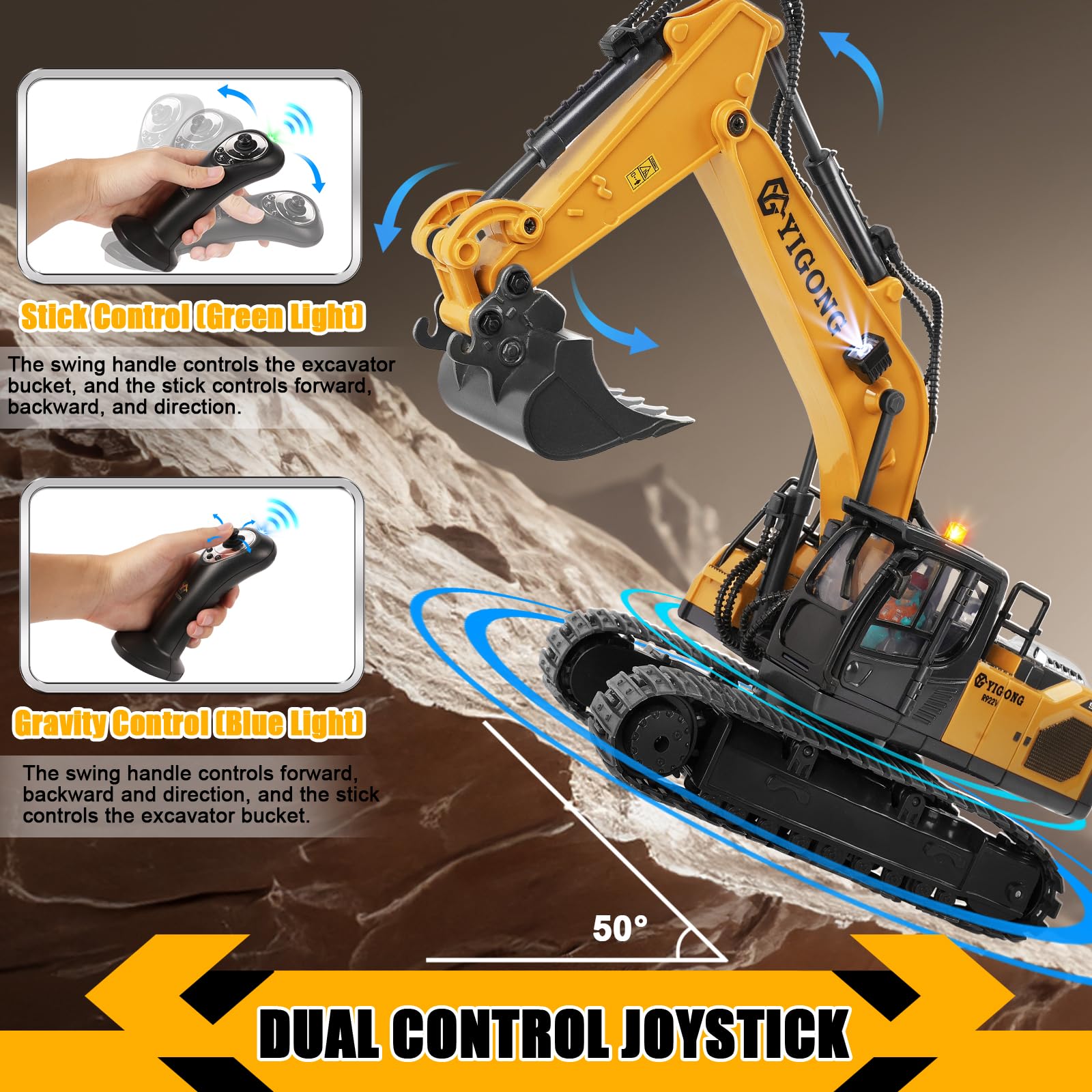KIZJORYA RC excavator suitable for indoor and outdoor use.