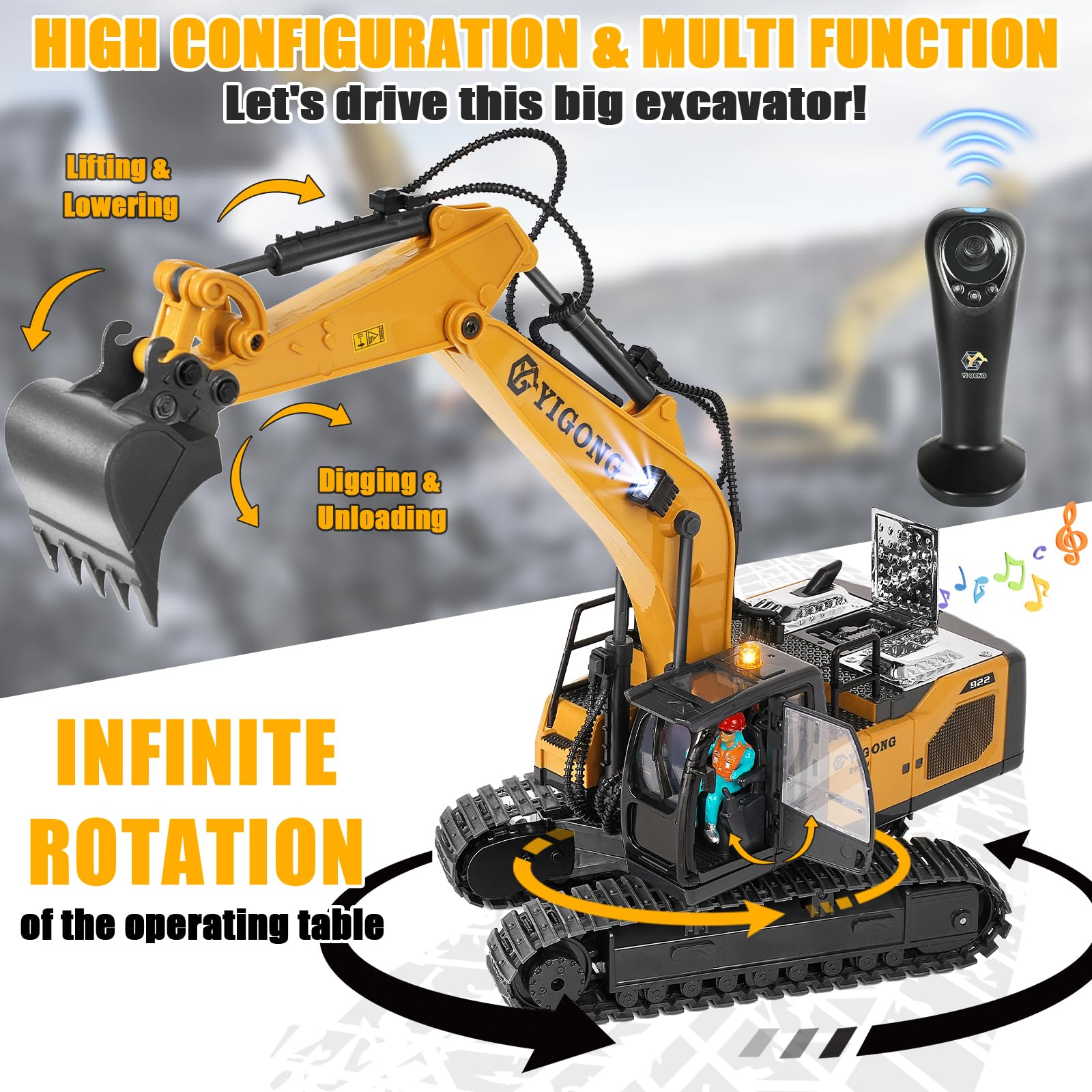 KIZJORYA RC excavator with metal shovel for durable digging play.