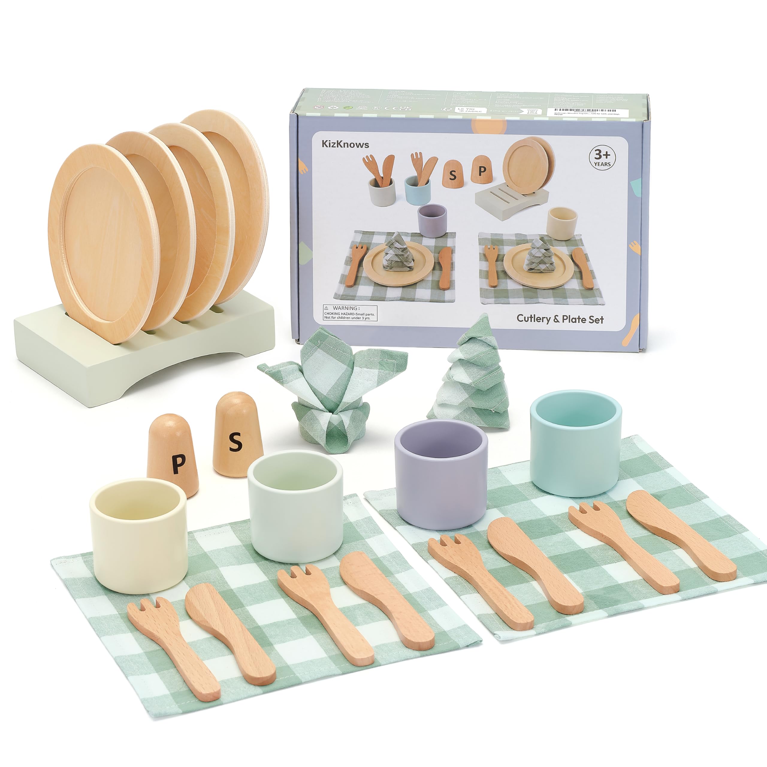 KizKnows wooden plates for pretend dining and role-play meals.