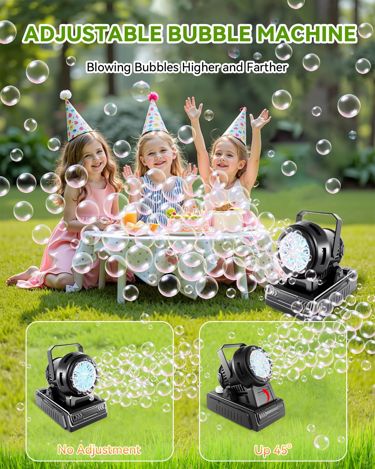 Kizmore Bubble Machine creates giggles as children chase shimmering bubbles.