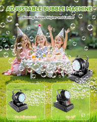 Kizmore Bubble Machine creates giggles as children chase shimmering bubbles.
