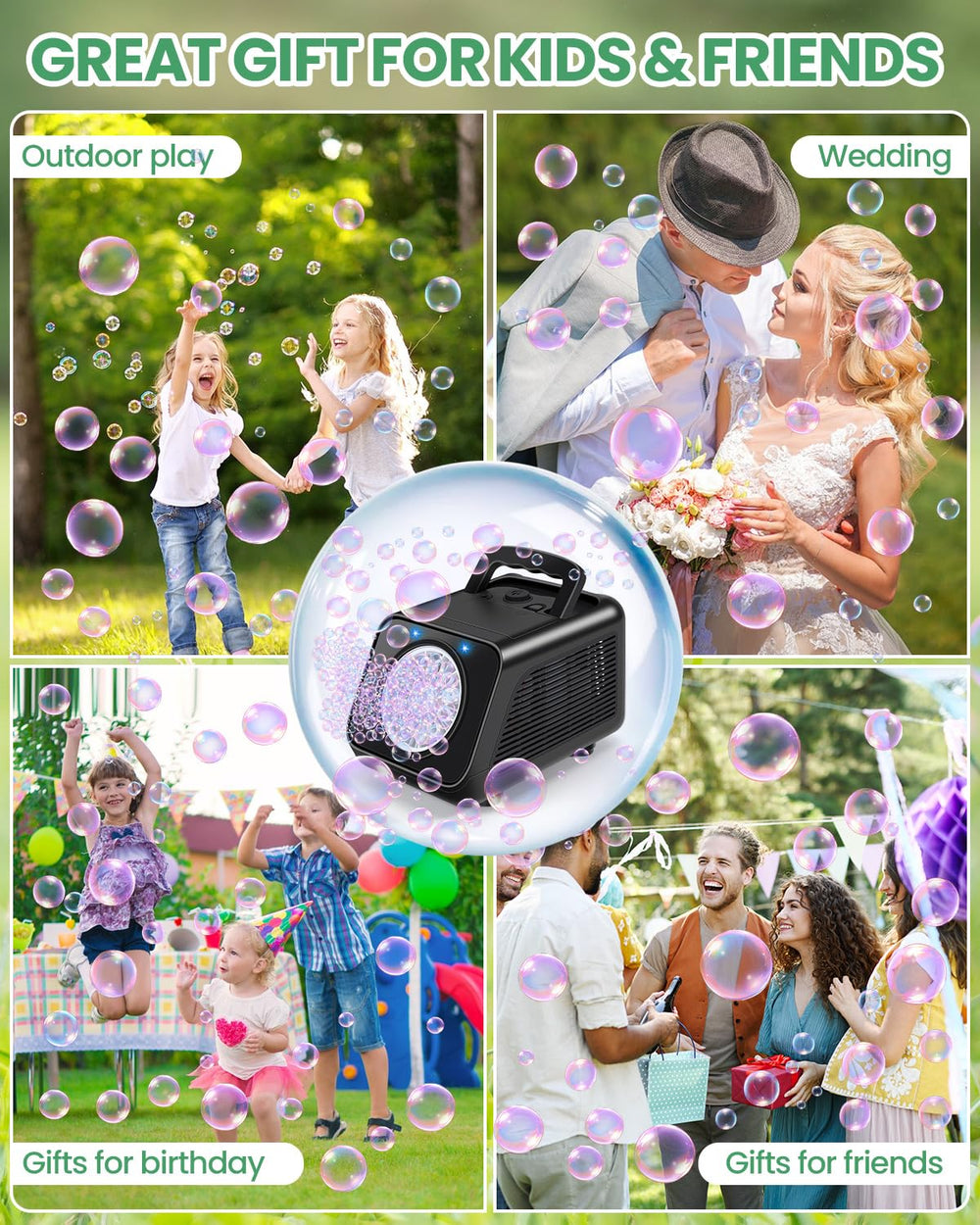 Kizmore Bubble Machine makes a kid-friendly gift for outdoor parties.