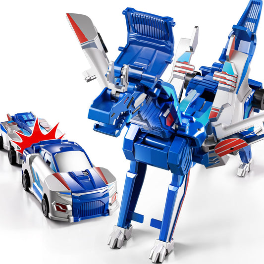 KIZONLY collision-transforming dinosaur car toy, front view showing 2-in-1 play for imaginative fun
