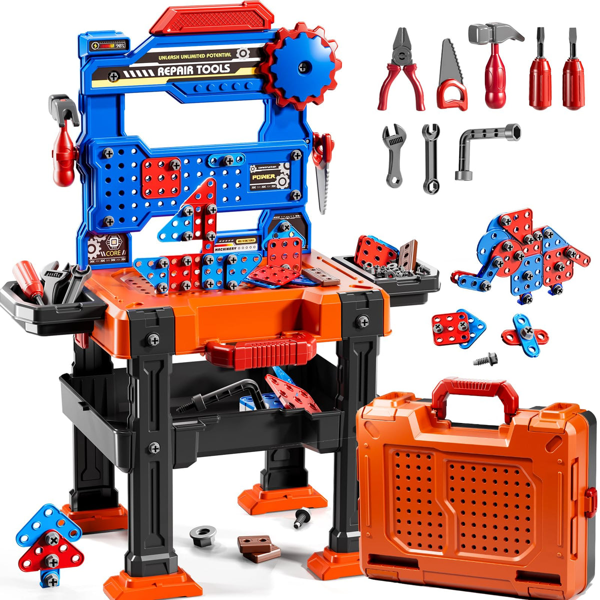 KIZONLY kids workbench assembled for pretend play and creative building.