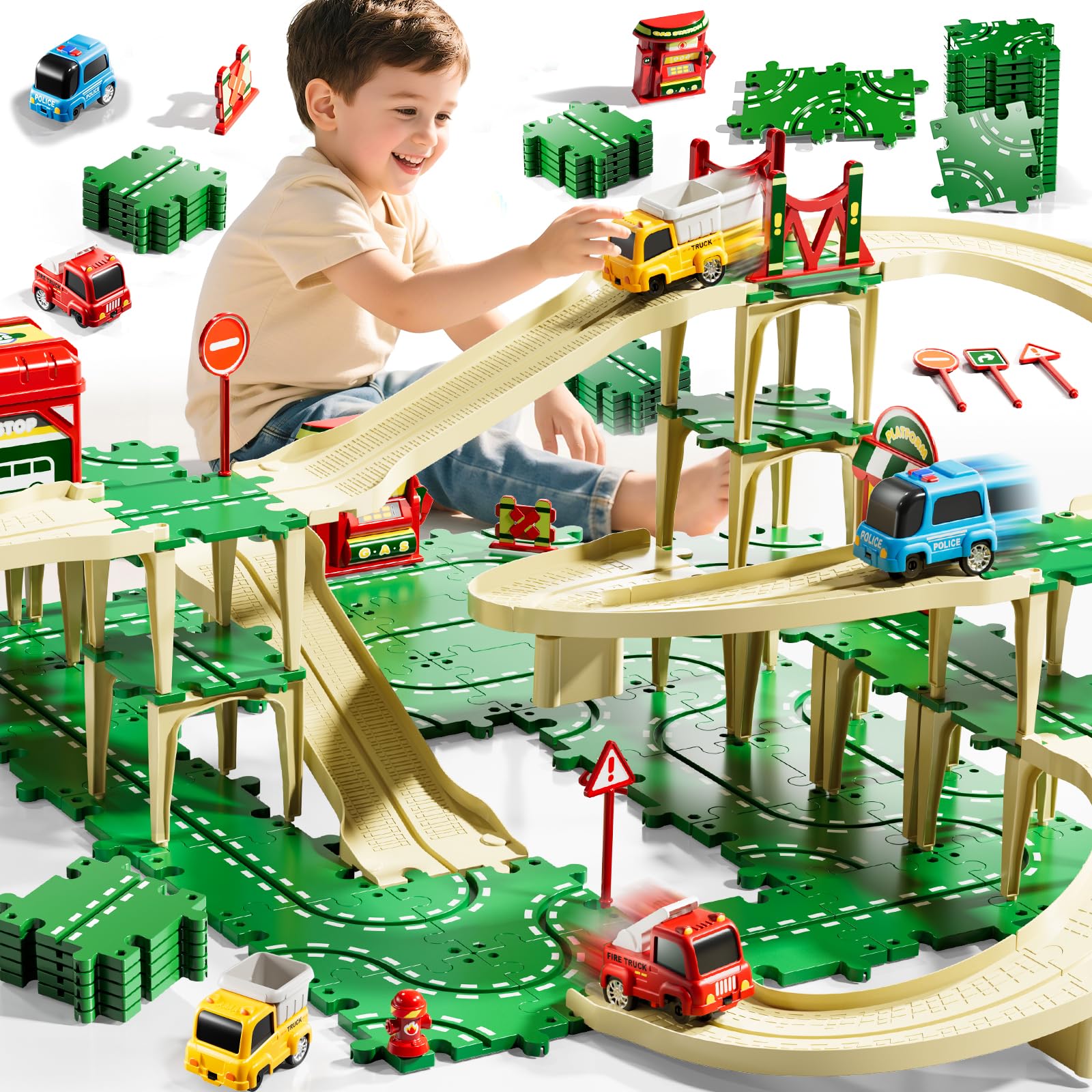 KIZONLY Puzzle Racer 4tier track set for multi-level floor play with kids.