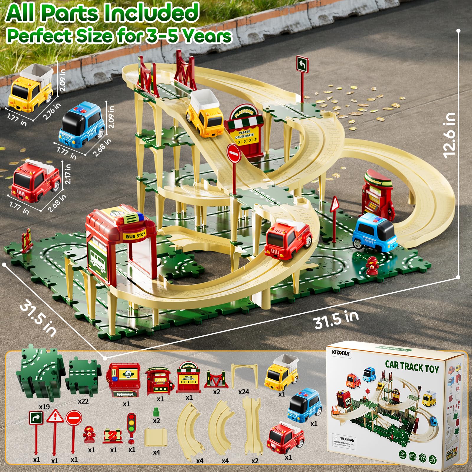 KIZONLY Puzzle Racer construction trucks enhance city-scene role-play experiences.