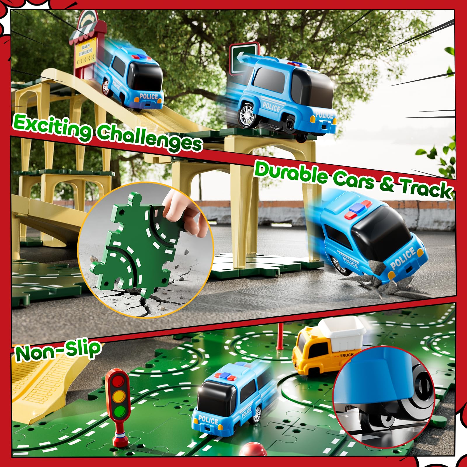 KIZONLY Puzzle Racer floor layout shows an active, hands-on building setup.