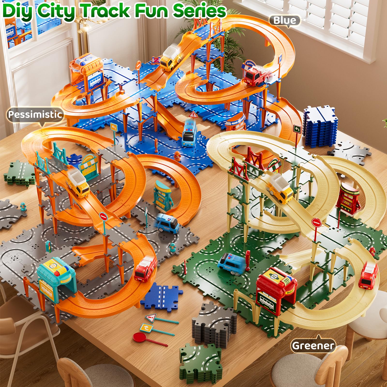 KIZONLY Puzzle Racer traffic parts simulate signals and stops for realistic scenes.