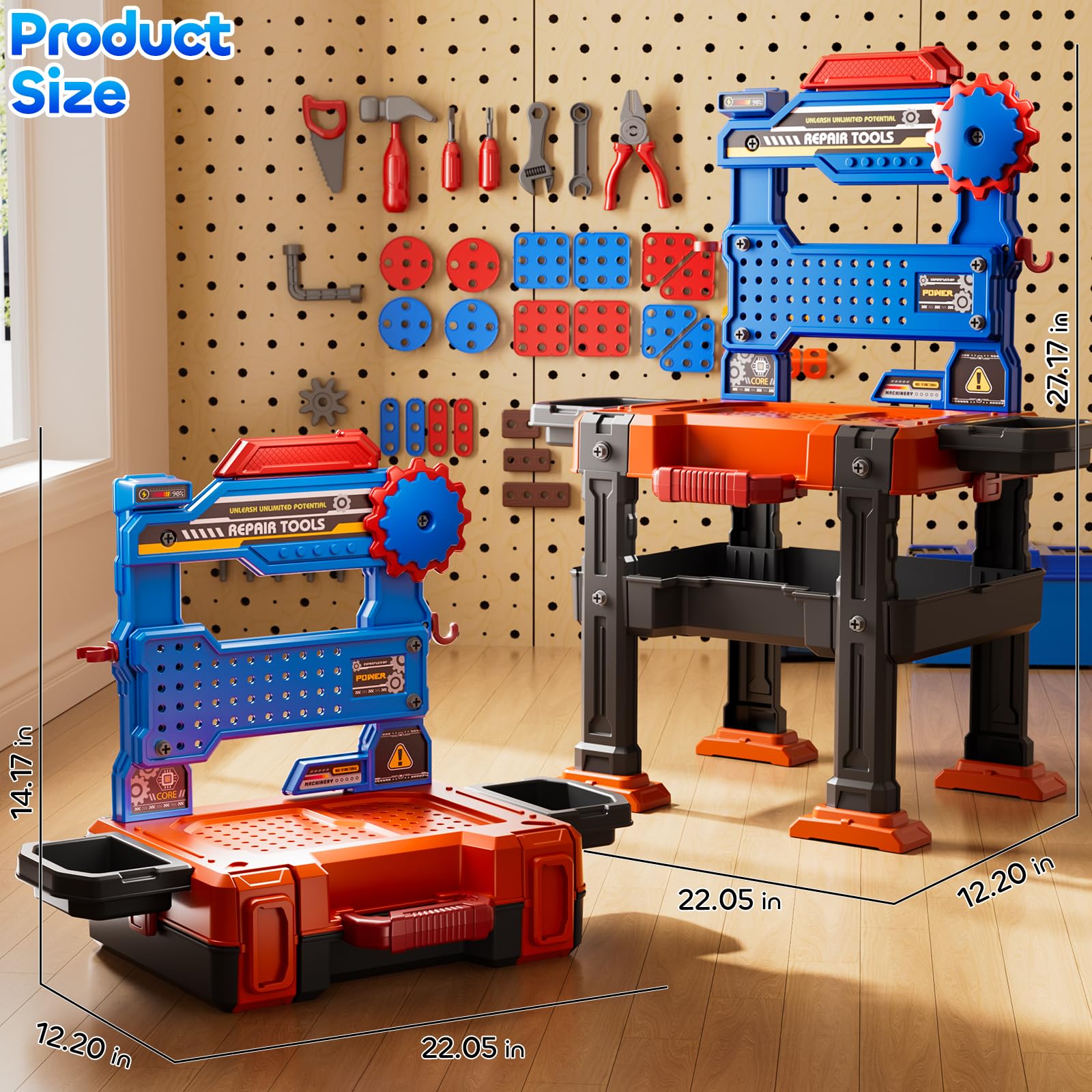 KIZONLY 2-in-1 workbench doubles as storage and play space for tidy organization.