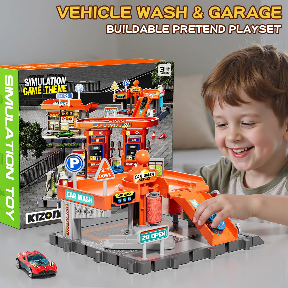 KIZONLY wide play view of the car wash and garage setup