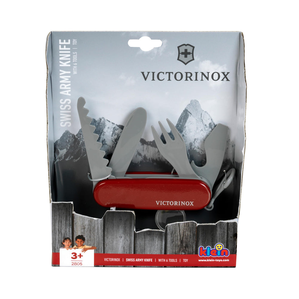 Klein Victorinox pocket knife toy demonstrates belt-snap feature for realistic role-play.