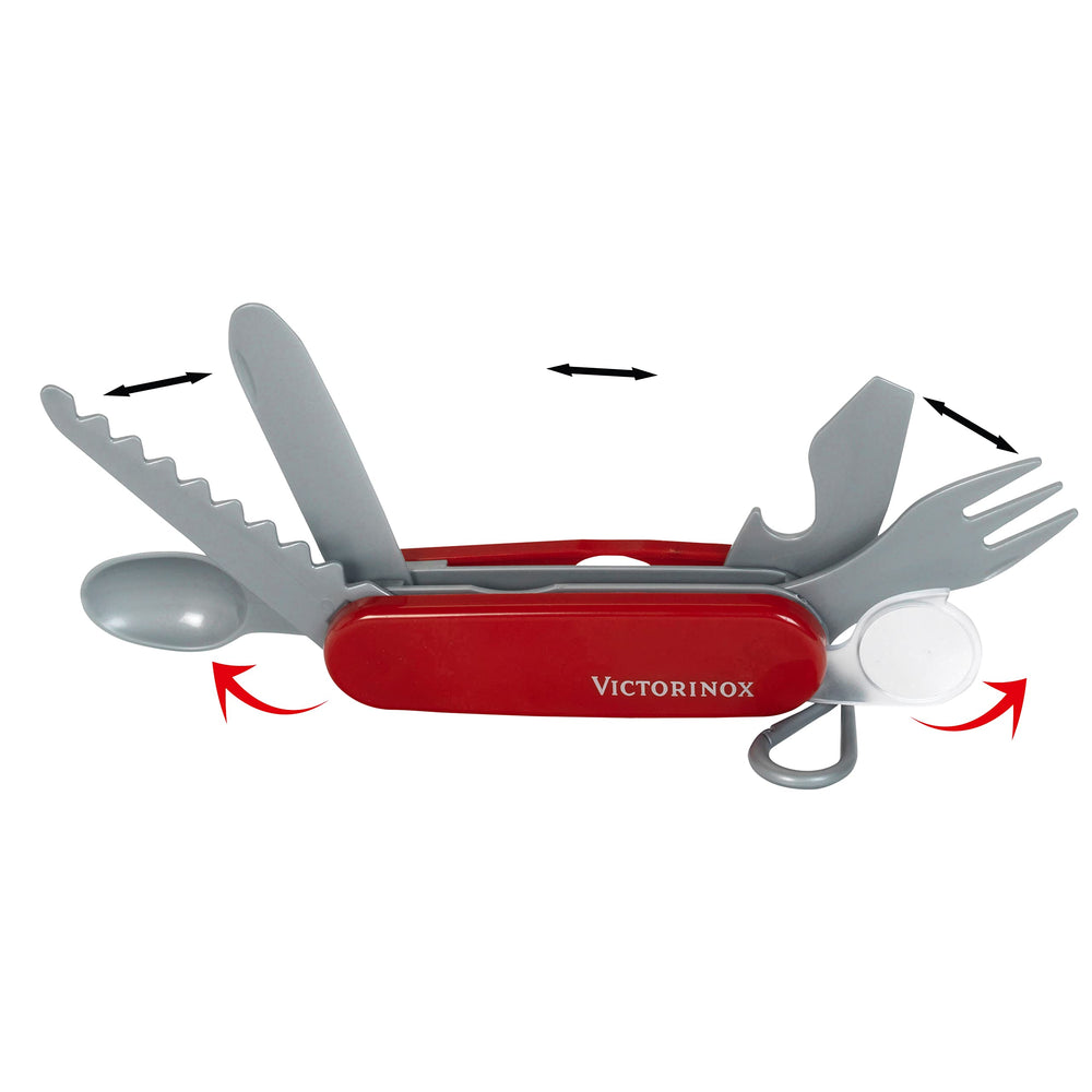 Klein Victorinox pocket knife toy features a small saw and blade for pretend projects.