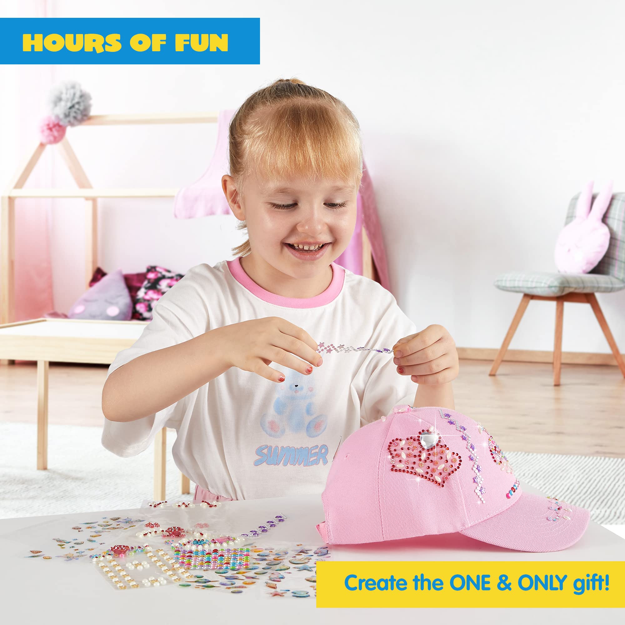 Klever Kits adhesive gems sheets for easy, glue-free sparkle on cap.