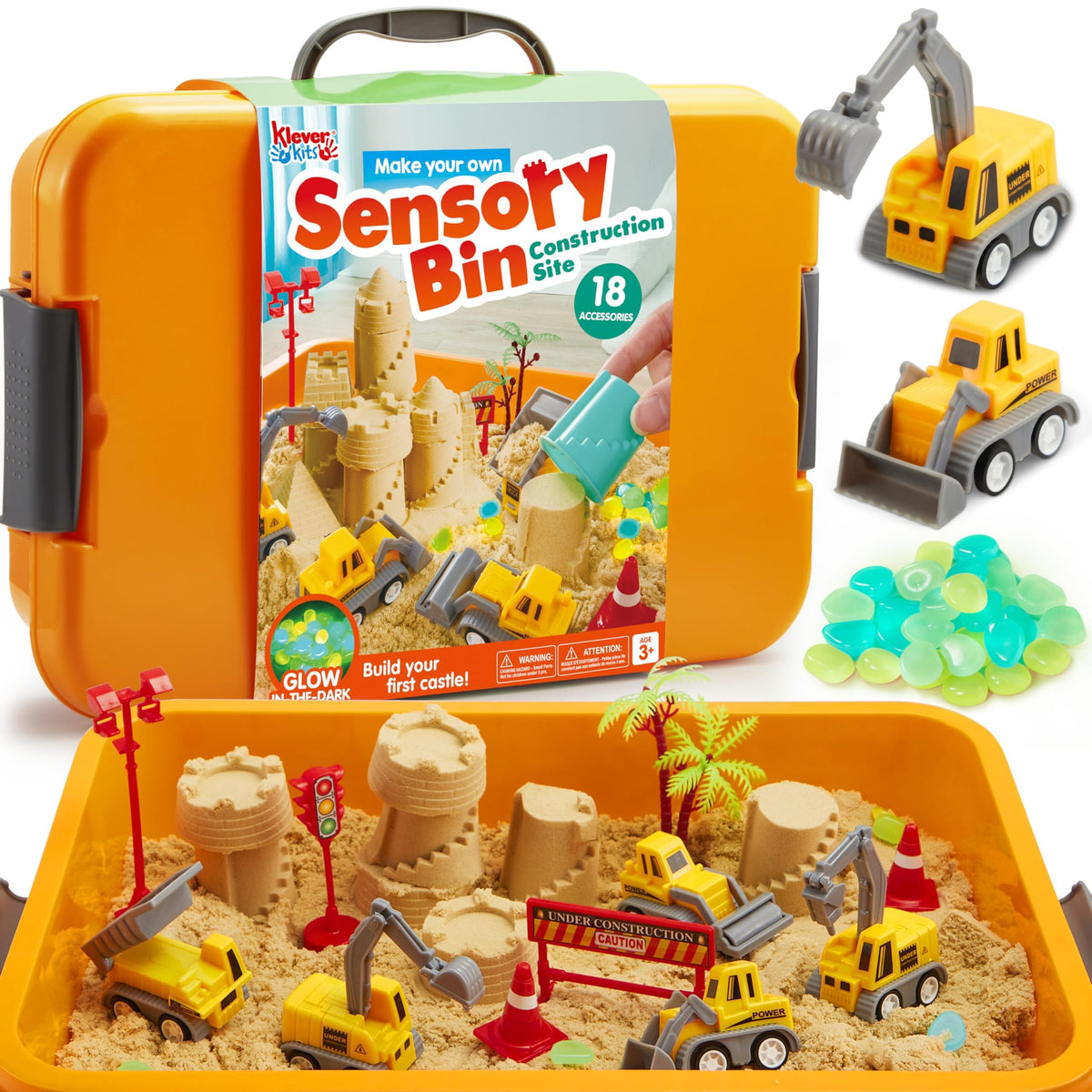 Klever Kits glow rocks illuminate the construction bin for imaginative nighttime play