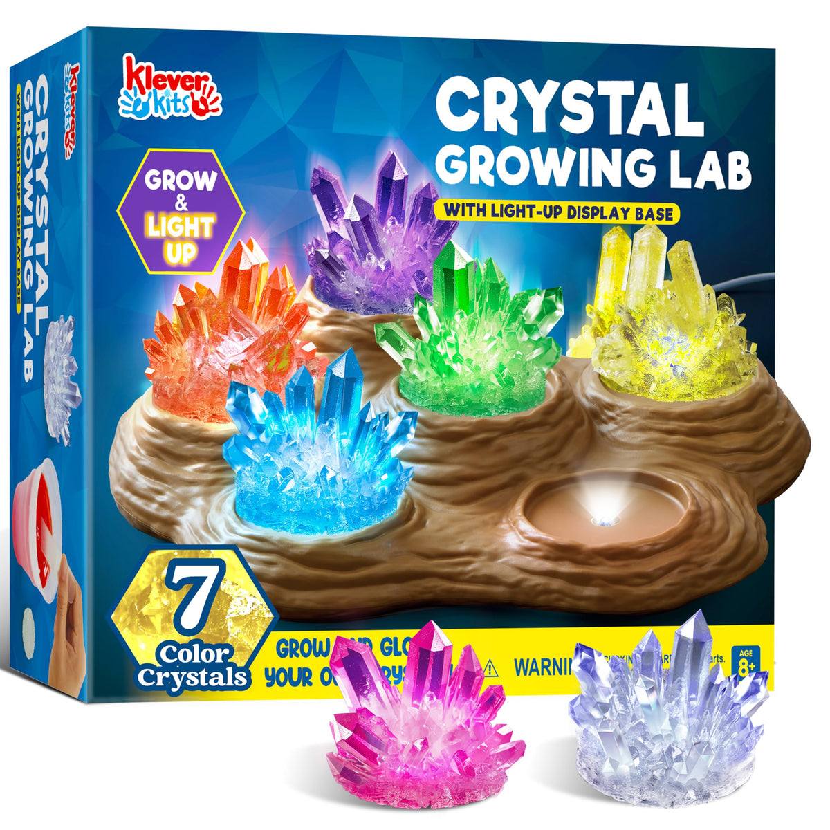 Klever Kits crystal growing lab base glows to create a magical display.