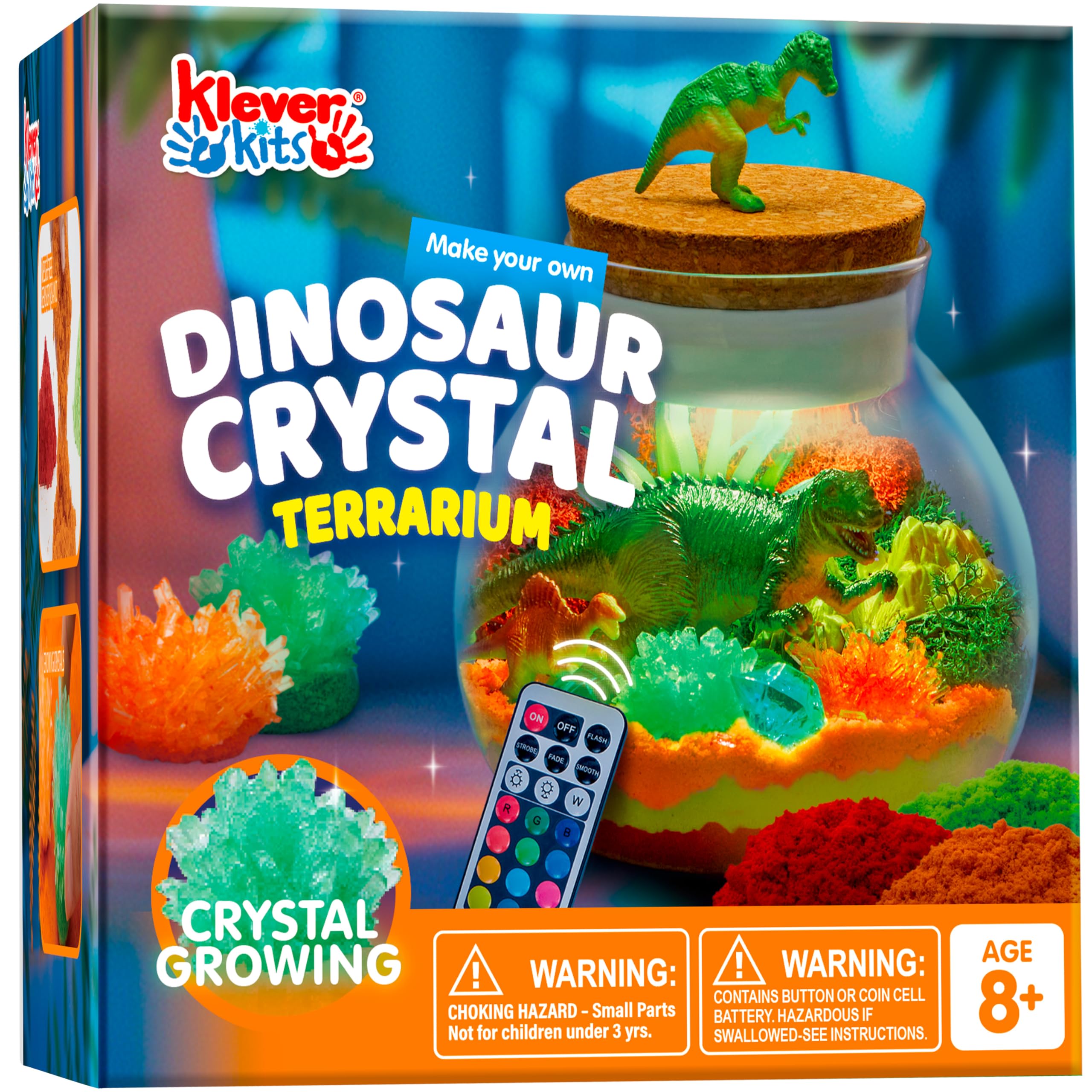 Klever Kits dinosaur crystal terrarium kit shows a complete setup for hands-on STEM learning