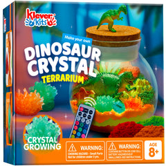 Klever Kits dinosaur crystal terrarium kit shows a complete setup for hands-on STEM learning