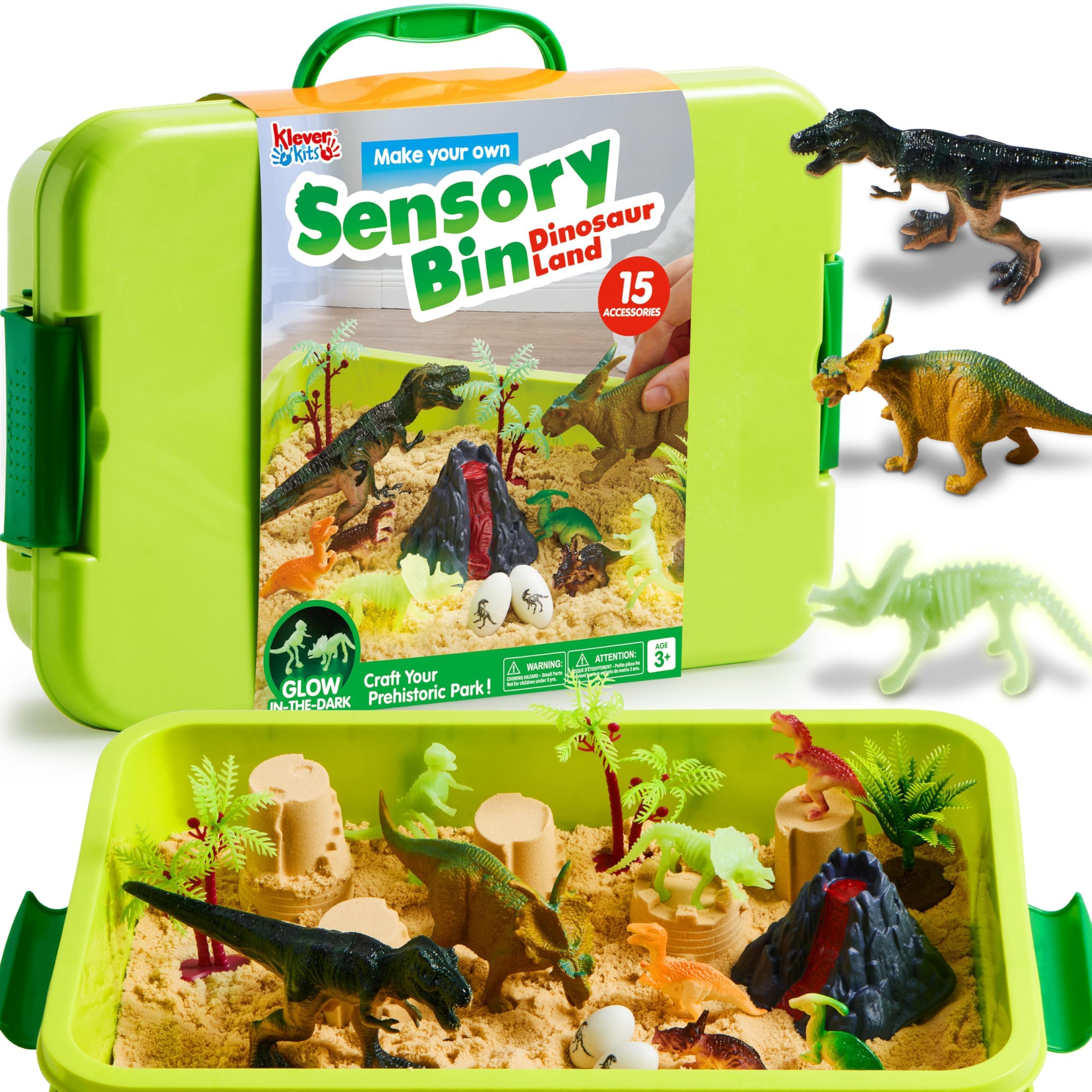 Klever Kits dinosaurs sensory bin with glow-in-the-dark skeletons for imaginative play