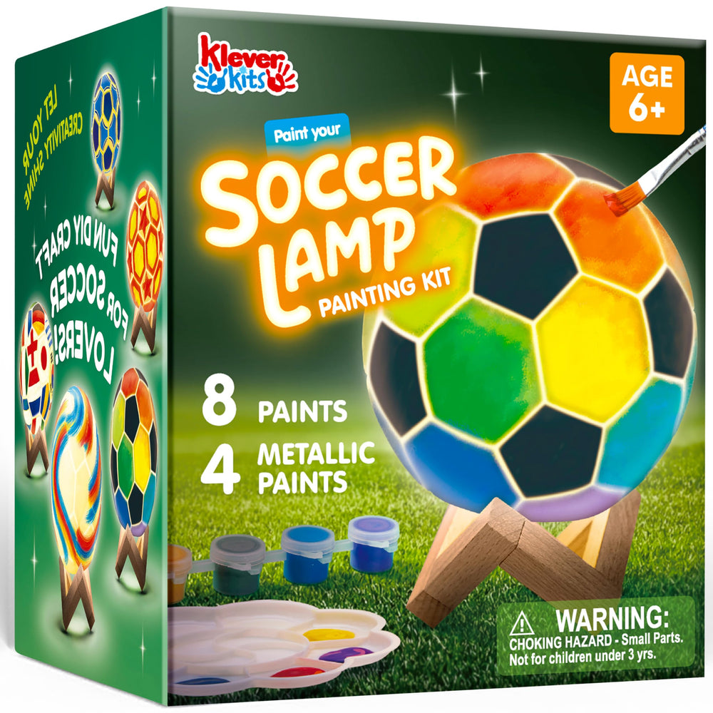 Klever Kits DIY 3D Soccer Night Light shows a kid-friendly painting project with a glowing finale.