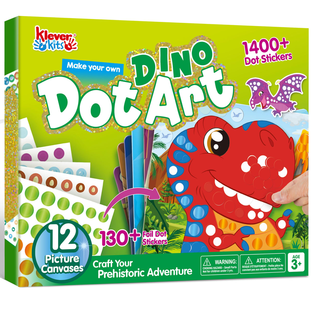 Klever Kits Dot Art Kit featuring dinosaur canvas scenes for imaginative play.