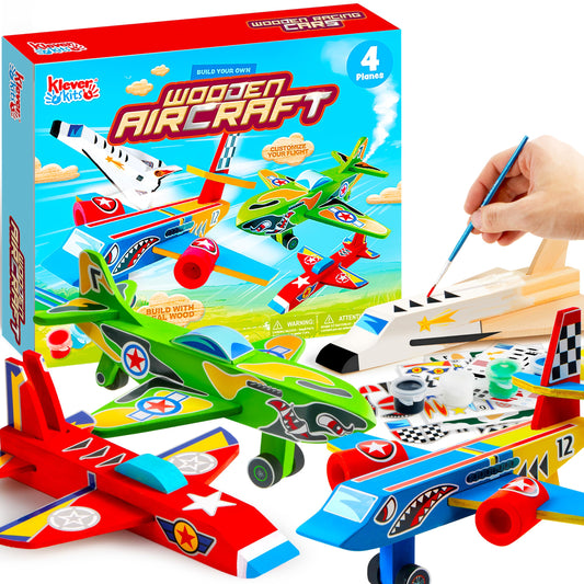 Klever Kits four DIY wooden aircrafts ready for imaginative painting and play.