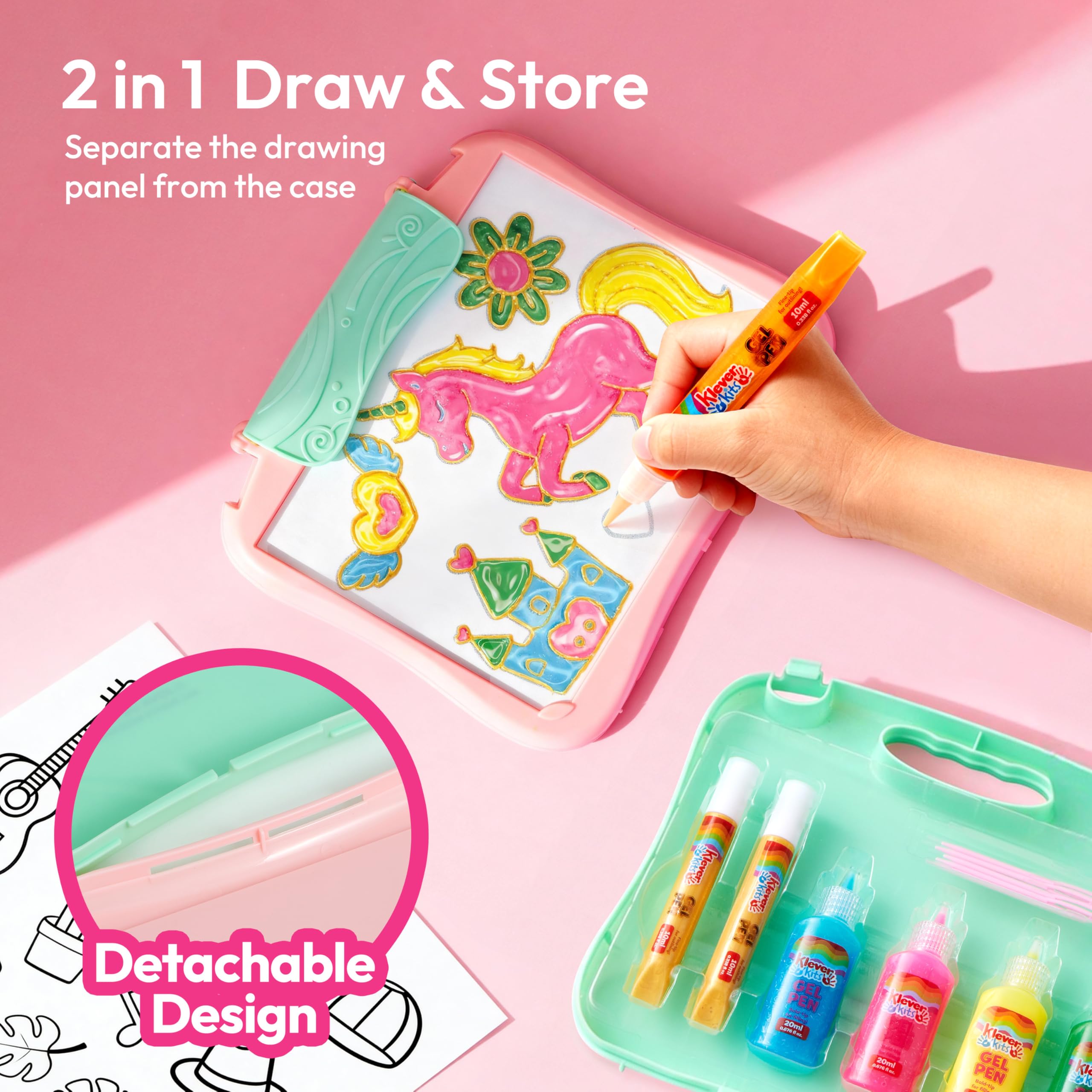 Klever Kits Gel Art Drawing Board gel pens for bright, smooth coloring.