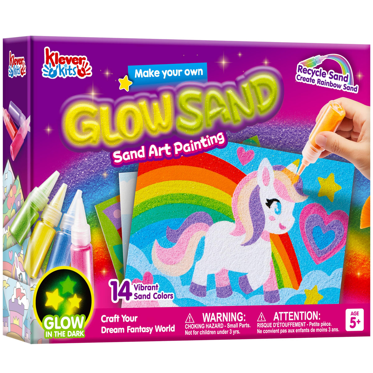 Klever Kits glow sand art bottles showcase vivid colors for night time crafts and easy pouring.