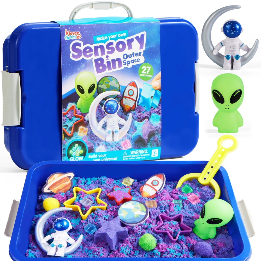 Klever Kits outer space sensory bin with alien glow for tactile exploration and imaginative play.