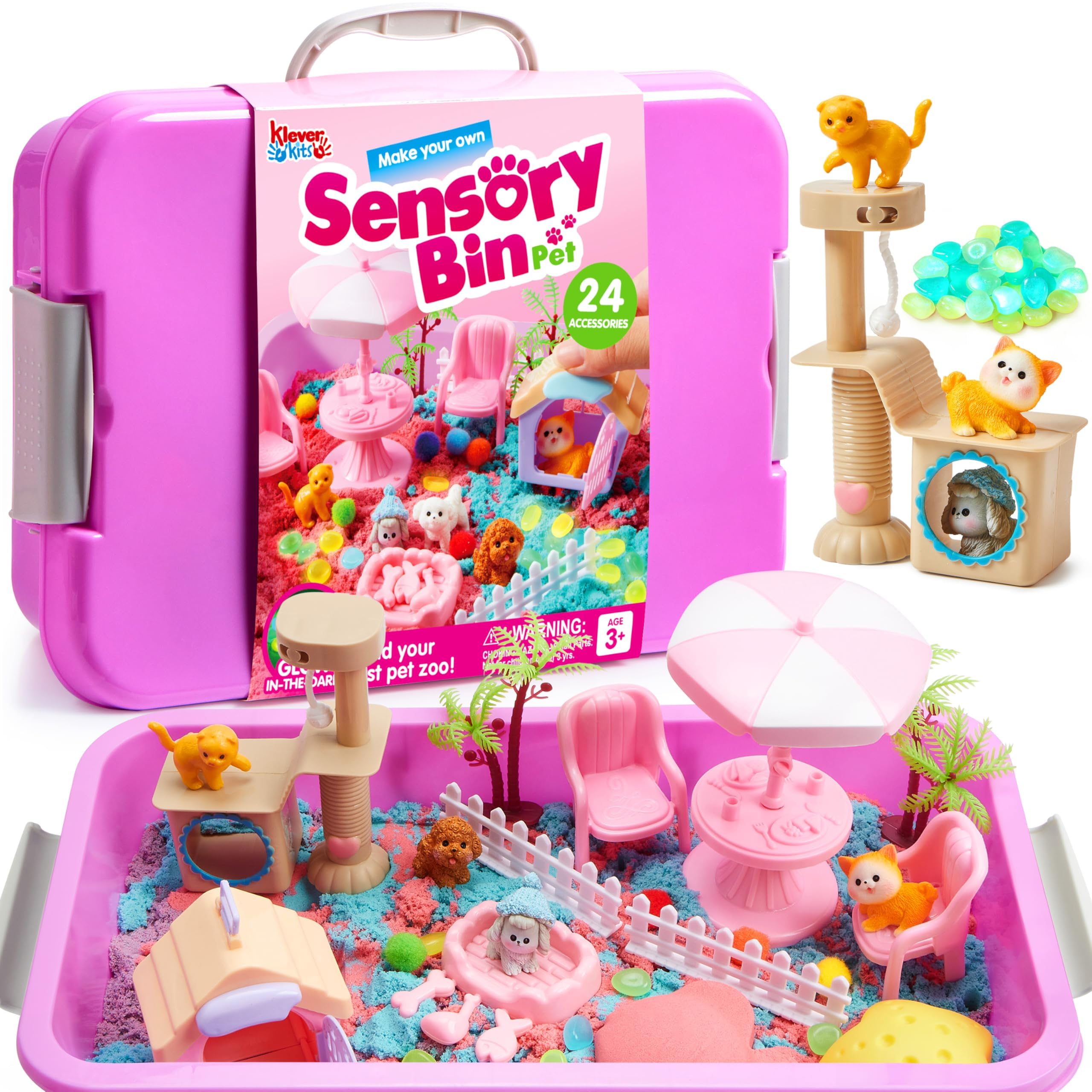 Klever Kits pet sensory bin front view with dual-color sand for creative play.
