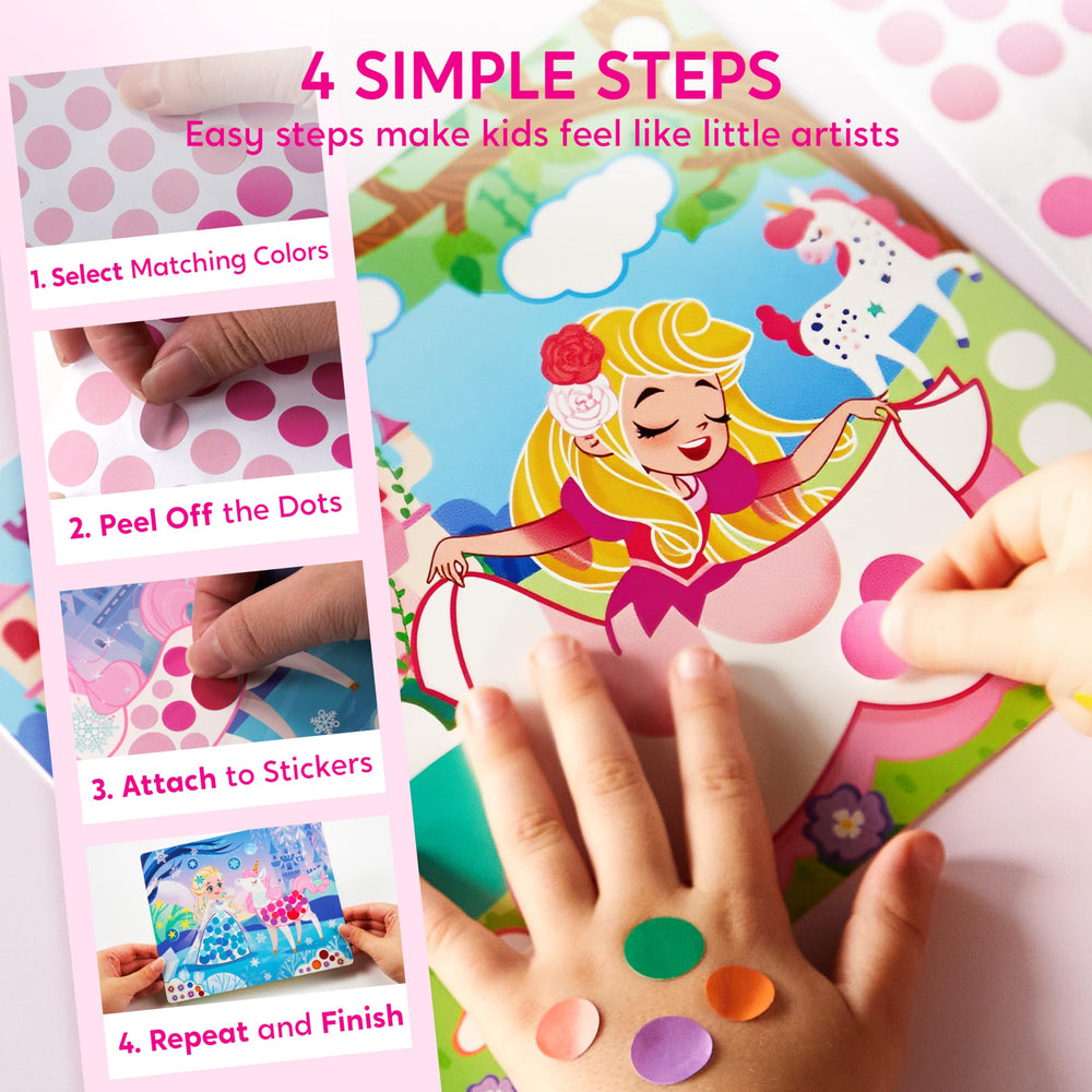 Klever Kits Princess Dot Art Kit finished scenes with princesses and unicorns.