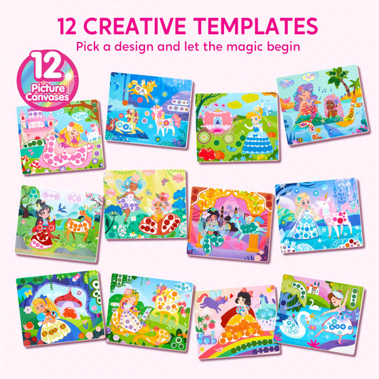 Klever Kits Princess Dot Art Kit sticker sheets with 1,180+ stickers for vibrant scenes.