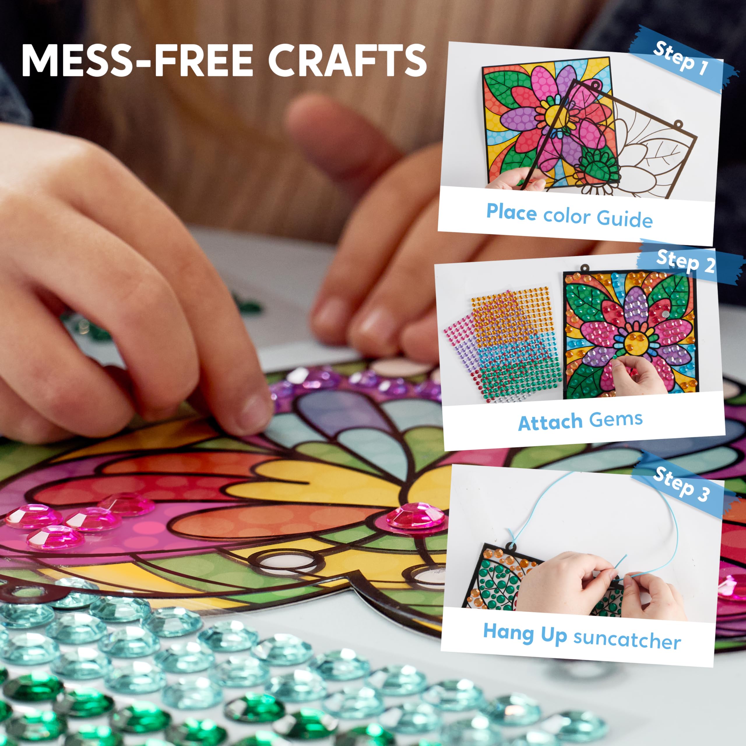 Klever Kits flower suncatcher with sparkling gems to inspire fine motor play.