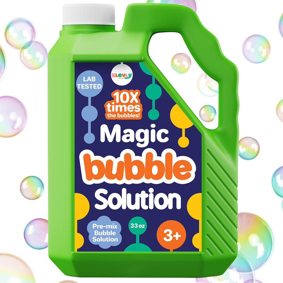 Klevly 33oz iridescent bubble solution refill pour for easy, mess-free pre-mixed bubbles.