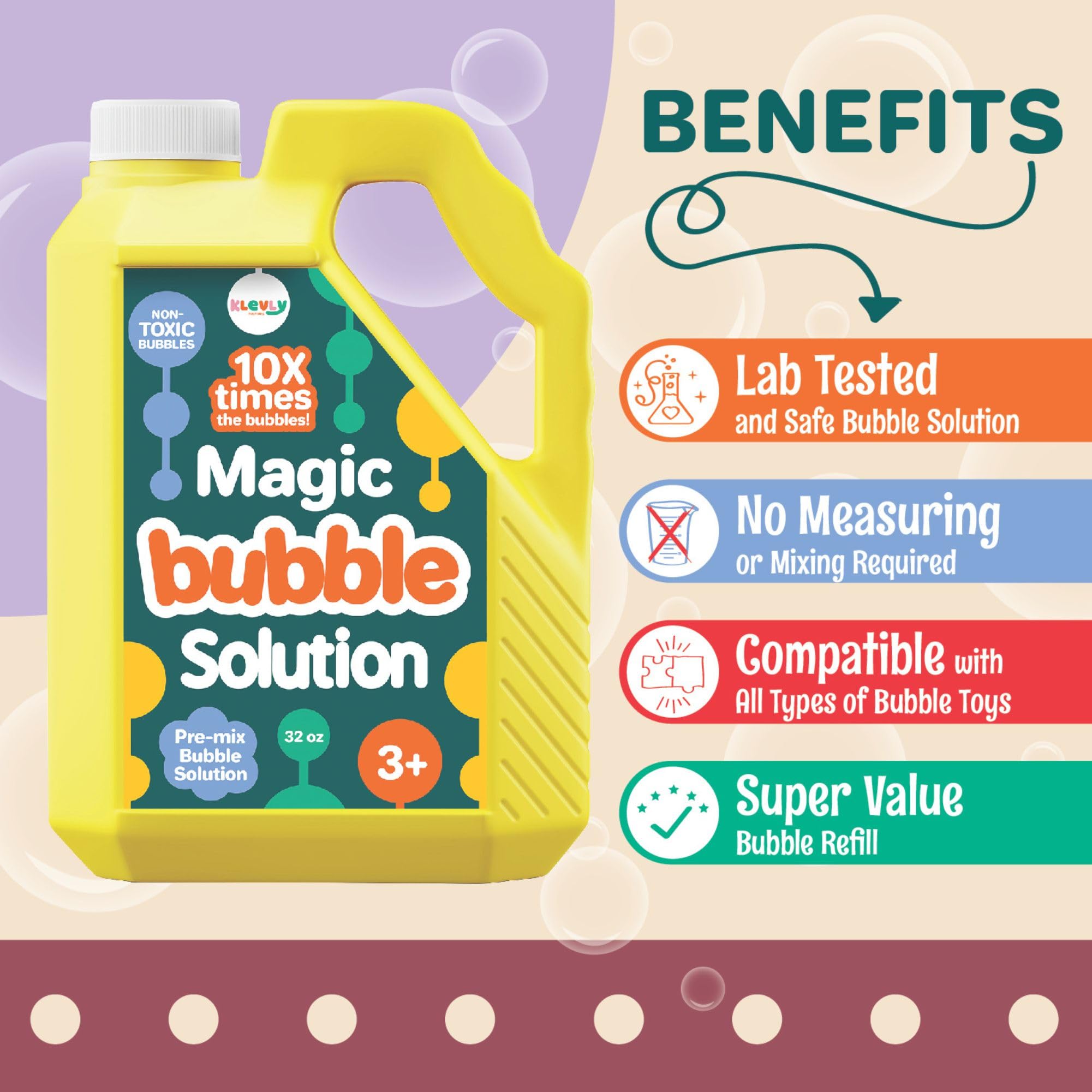 Klevly bubble solution refill bottle back view, great for quick outdoor refills.