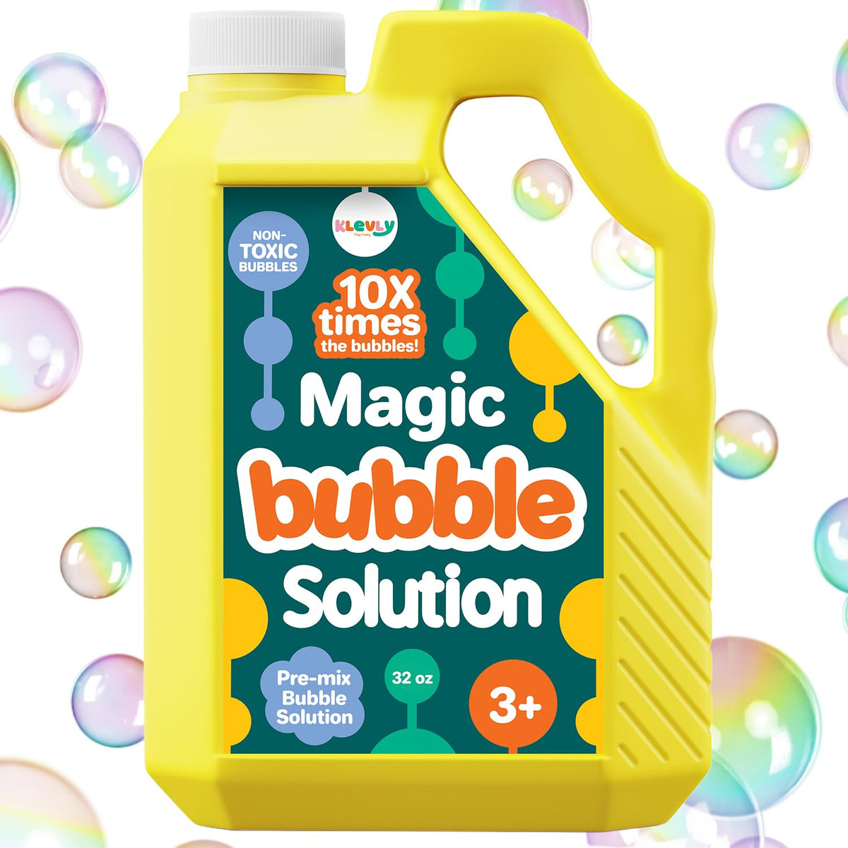 Klevly iridescent bubble solution refill bottle front view for easy outdoor play.