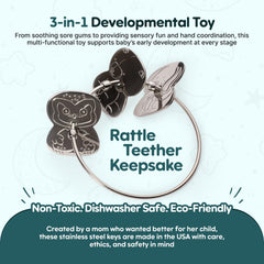 Kleynimals owl rattle in stainless steel for rattling sounds and grip.