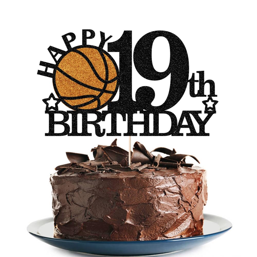 Klionjor basketball 19th birthday topper in black glitter, ideal cake decoration.
