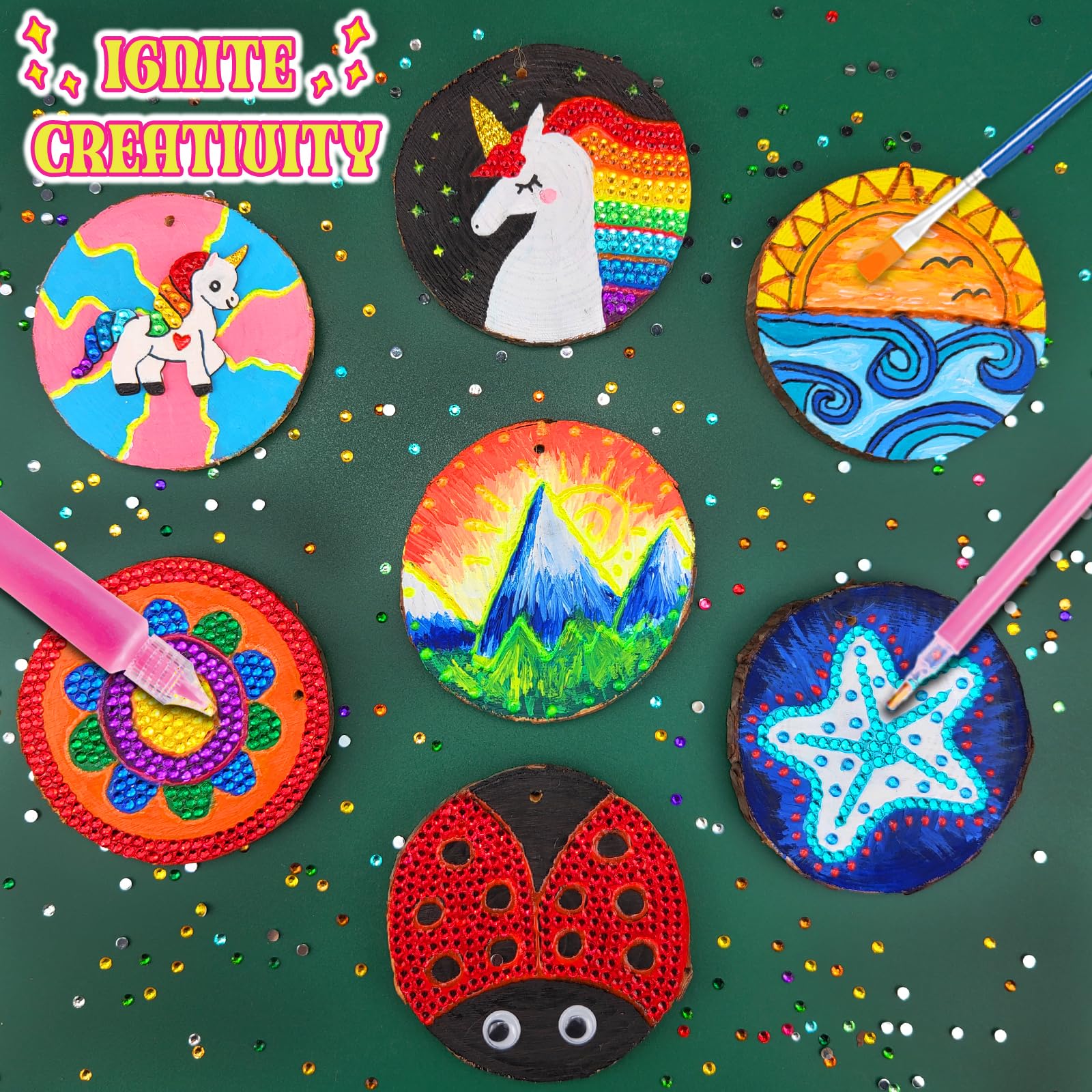 klmars Glow wooden slice canvas ready for young artists to paint vibrant designs