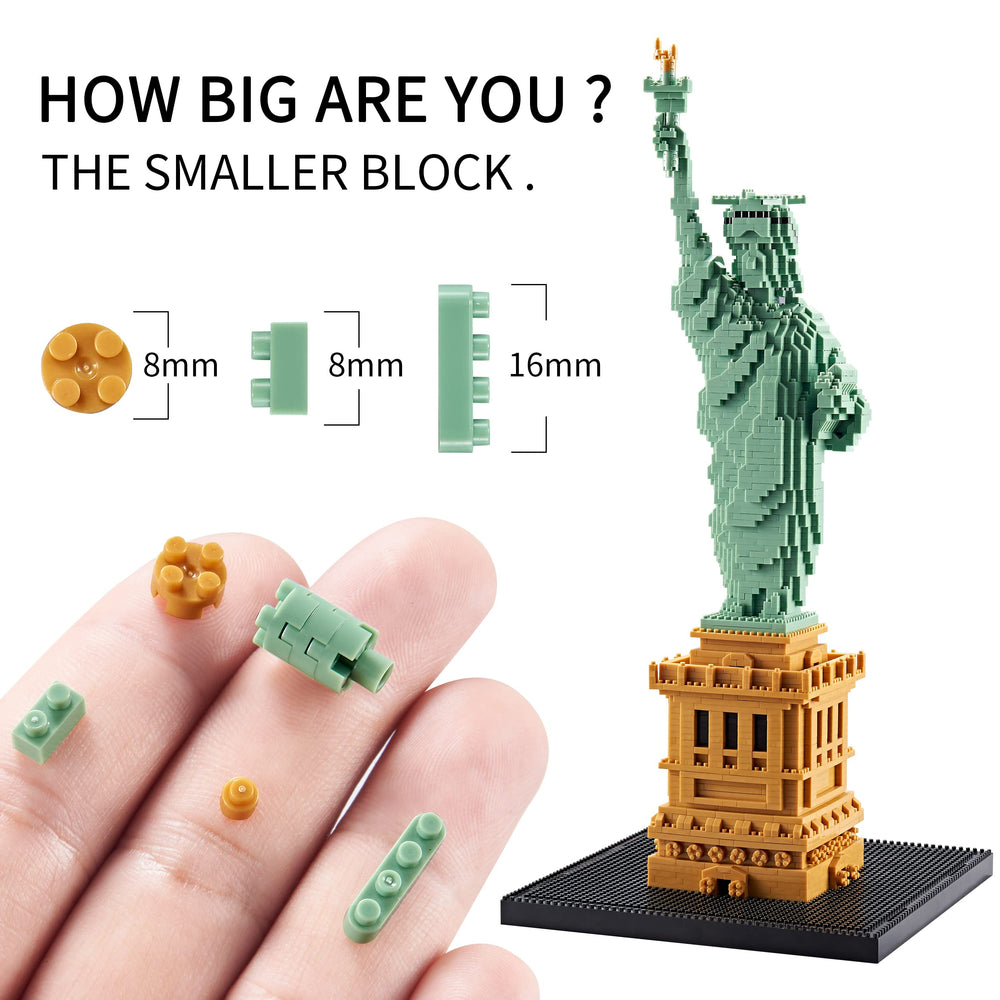 KLMEi Statue of Liberty micro blocks close-up bricks reveal tiny precision ideal for desk display.