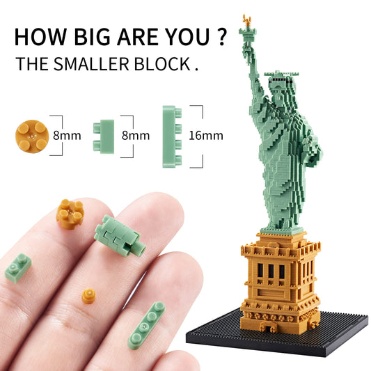 KLMEi Statue of Liberty micro blocks close-up bricks reveal tiny precision ideal for desk display.