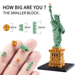 KLMEi Statue of Liberty micro blocks close-up bricks reveal tiny precision ideal for desk display.