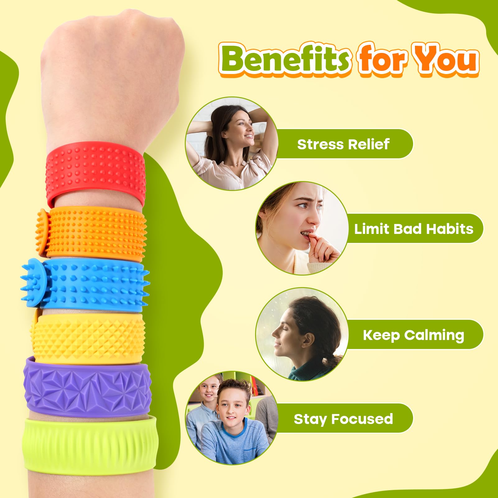 KLT calm-anywhere use bracelet showcased in travel or classroom setting.