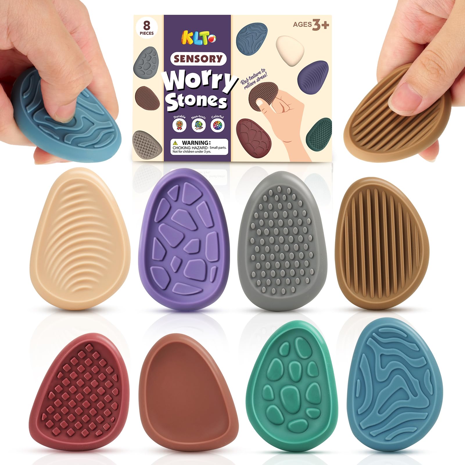 KLT fidget stones 8-pack held in hand for focus and calm.